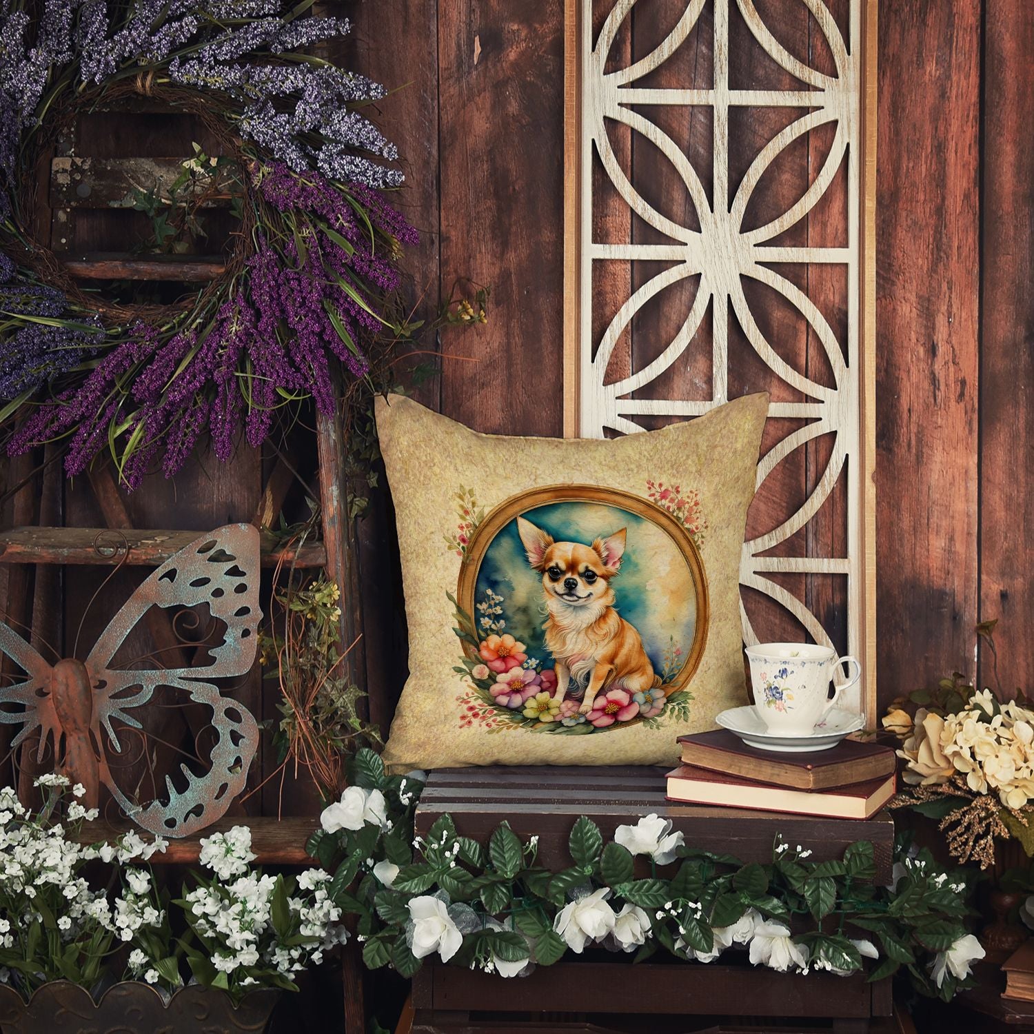 Chihuahua and Flowers Throw Pillow Machine Washable, Indoor Outdoor Decorative Pillow for Couch, Bed or Patio, 14Hx14W