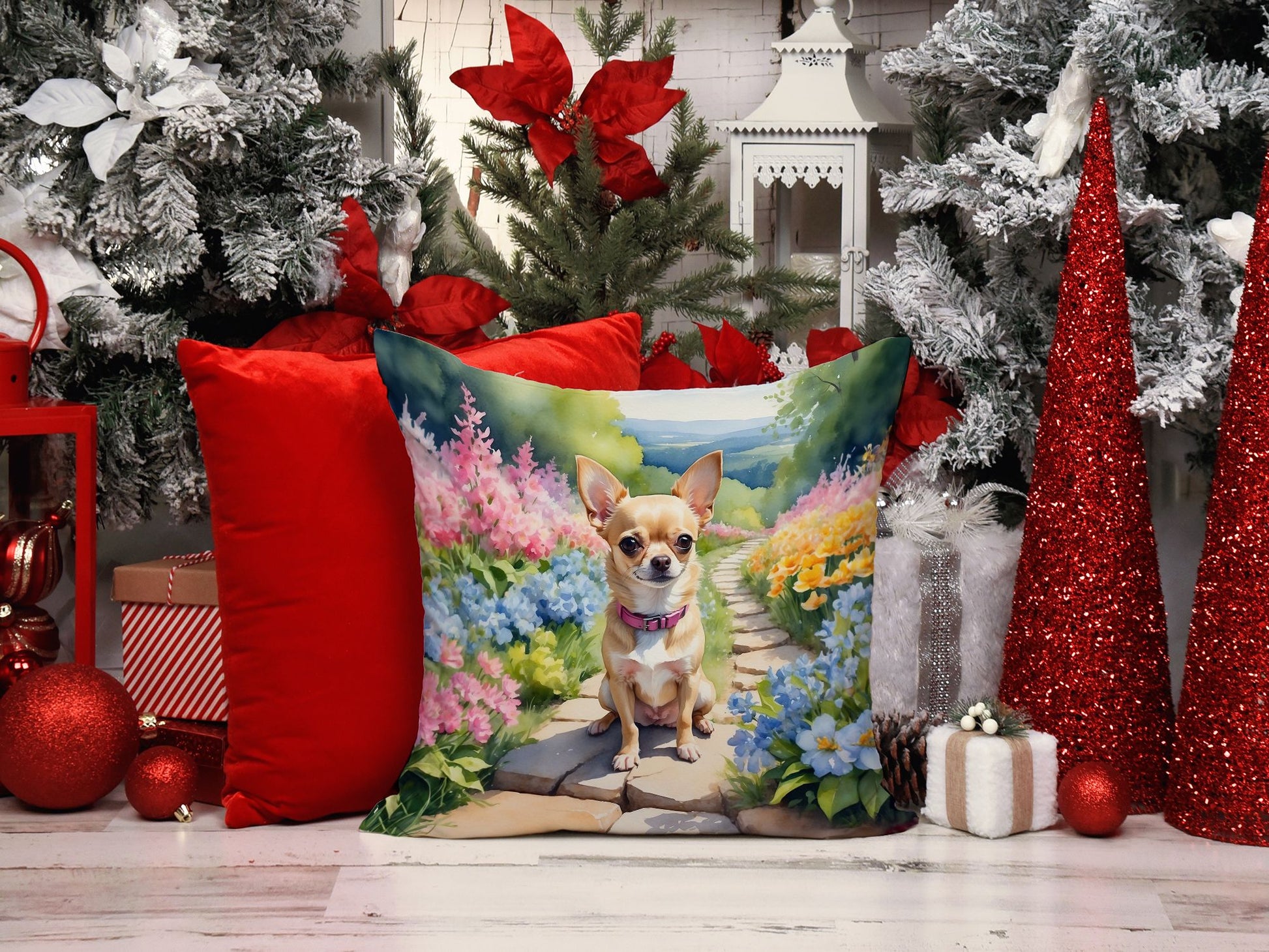 Chihuahua Spring Path Throw Pillow Machine Washable, Indoor Outdoor Decorative Pillow for Couch, Bed or Patio, 14Hx14W