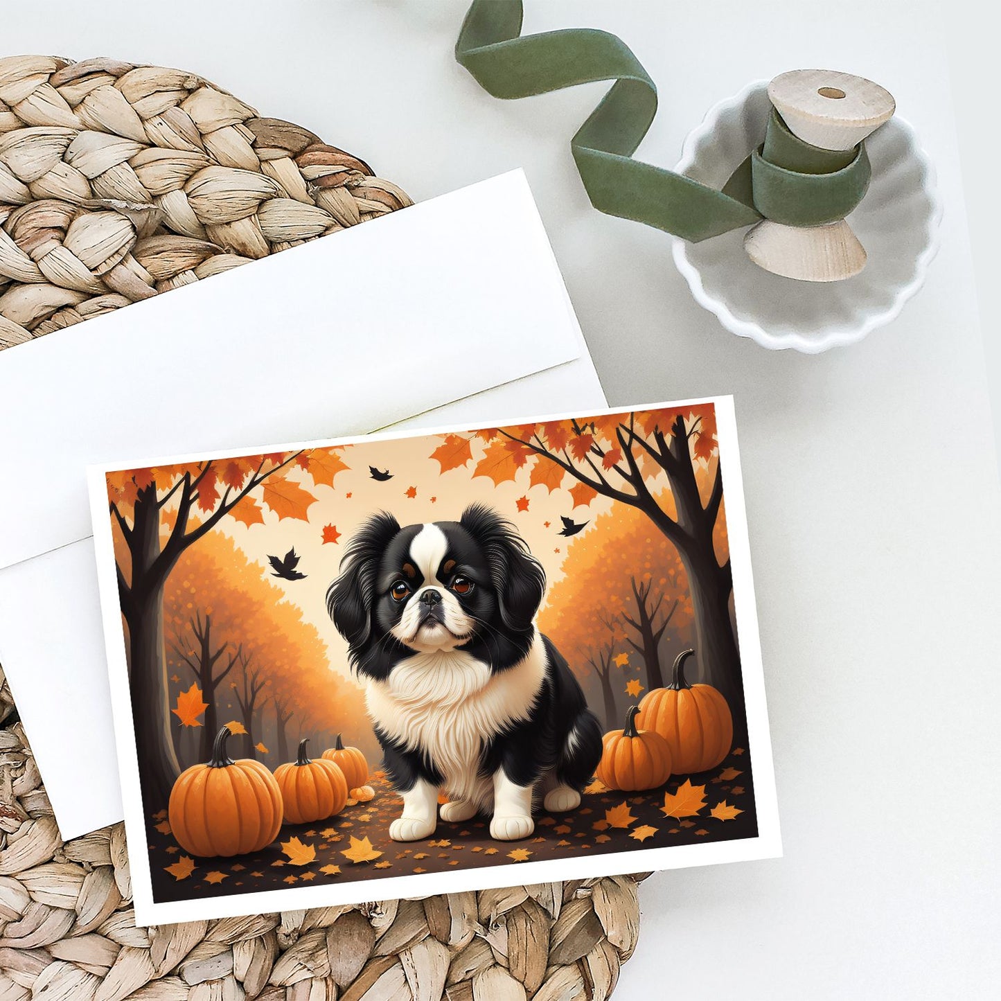 Japanese Chin Fall Greeting Cards Pack of 8 Blank Cards with Envelopes Whimsical A7 Size 5x7 Blank Note Cards