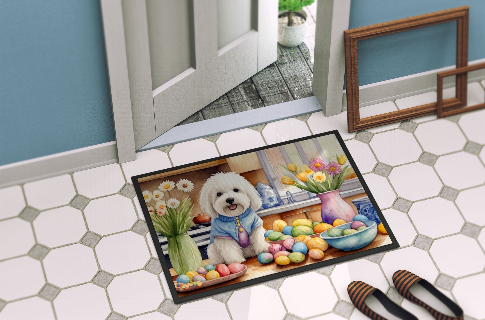 Decorating Easter Coton de Tulear Doormat Front Door Mat Indoor Outdoor Rugs for Entryway, Non Slip Washable Low Pile, 24H X 36W