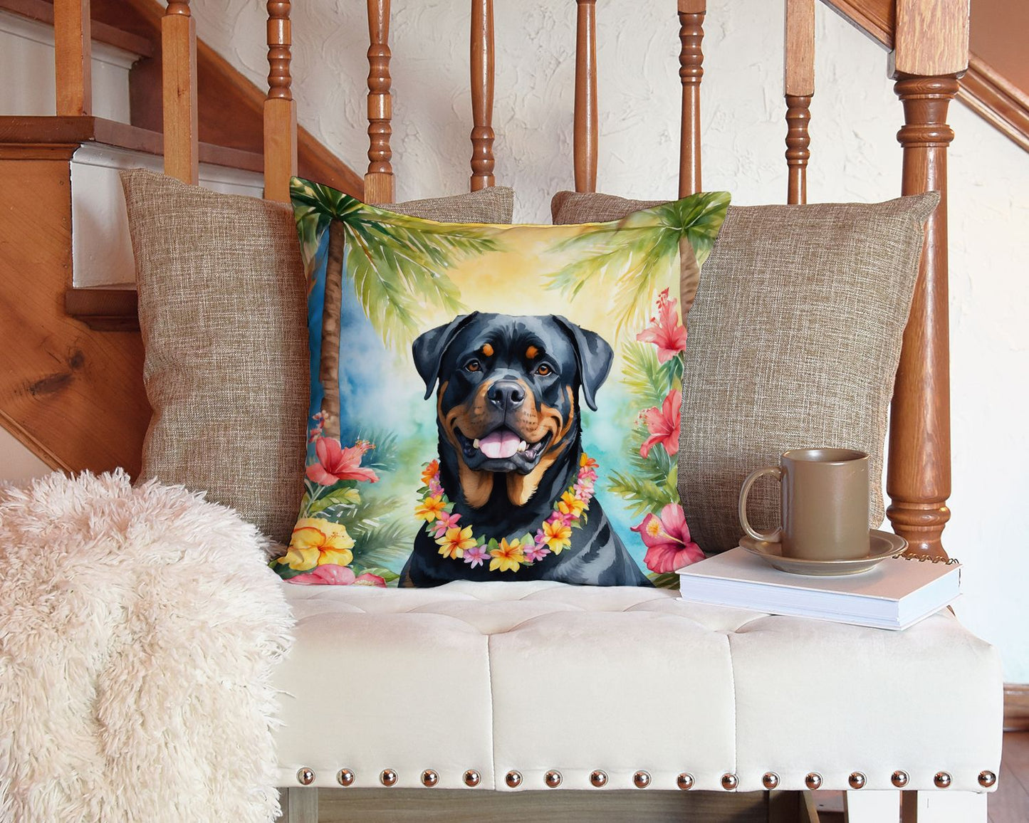 Rottweiler Luau Throw Pillow Machine Washable, Indoor Outdoor Decorative Pillow for Couch, Bed or Patio, 14Hx14W