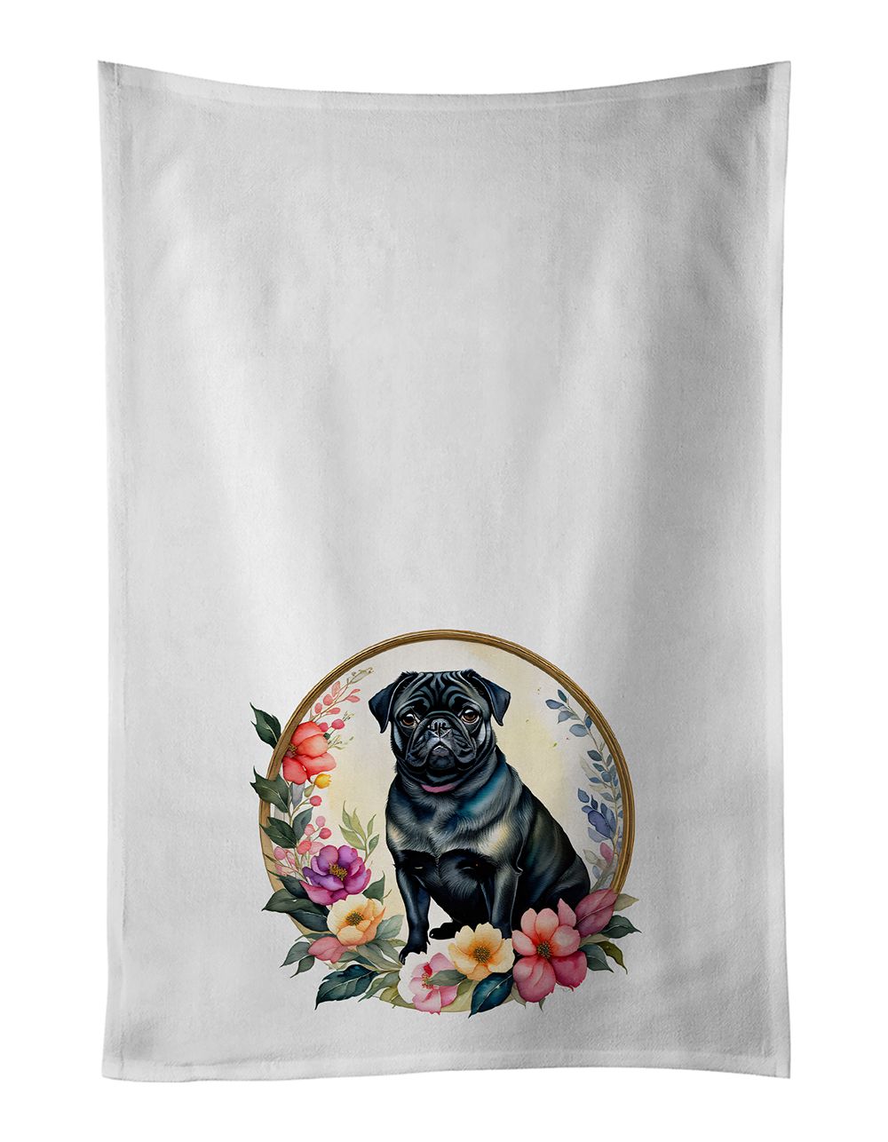 Black Pug and Flowers Kitchen Towel Set of 2 White Dish Towels Decorative Bathroom Hand towel for Hand, Face, Hair, Yoga, Tea, Dishcloth, 19 X 28", White