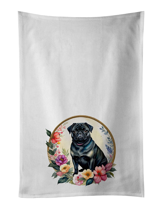 Black Pug and Flowers Kitchen Towel Set of 2 White Dish Towels Decorative Bathroom Hand towel for Hand, Face, Hair, Yoga, Tea, Dishcloth, 19 X 28", White