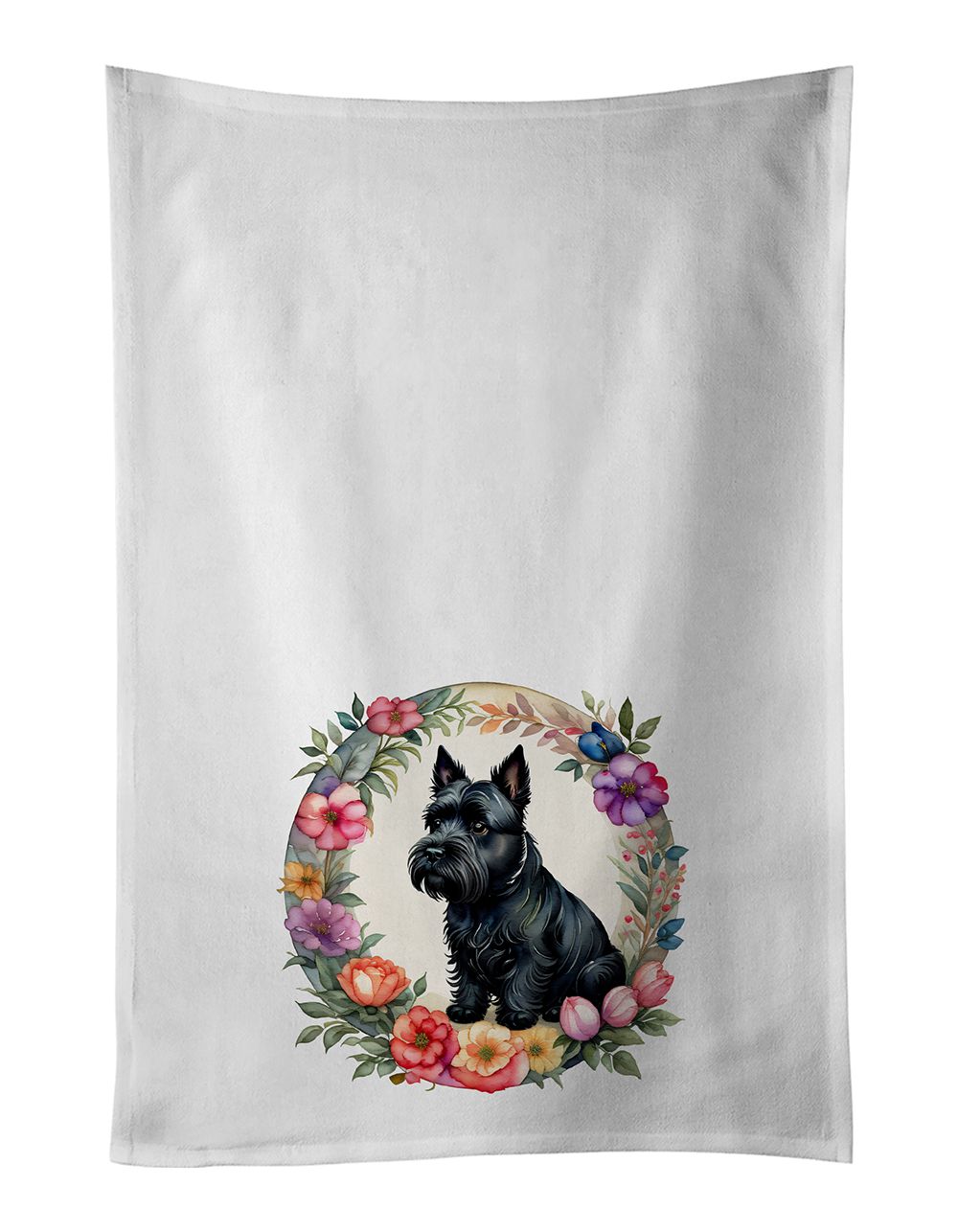 Scottish Terrier and Flowers Kitchen Towel Set of 2 White Dish Towels Decorative Bathroom Hand towel for Hand, Face, Hair, Yoga, Tea, Dishcloth, 19 X 28", White
