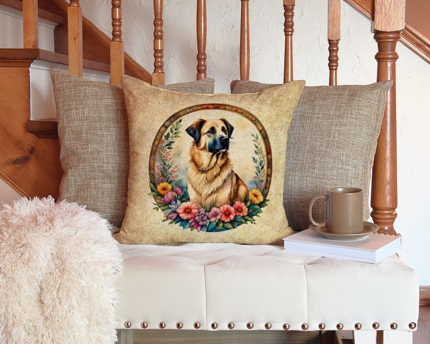 Anatolian Shepherd Dog and Flowers Throw Pillow Machine Washable, Indoor Outdoor Decorative Pillow for Couch, Bed or Patio, 14Hx14W