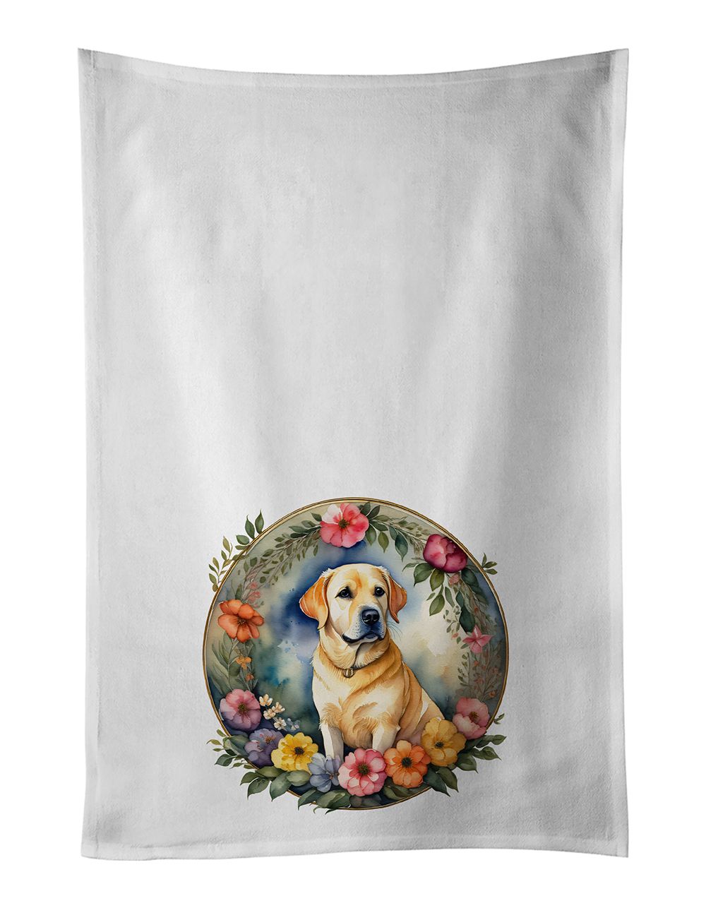 Yellow Labrador Retriever and Flowers Kitchen Towel Set of 2 White Dish Towels Decorative Bathroom Hand towel for Hand, Face, Hair, Yoga, Tea, Dishcloth, 19 X 28", White