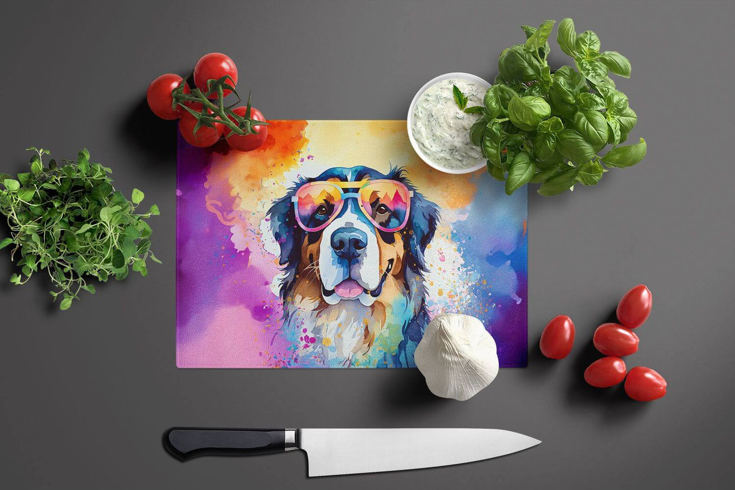 NEW Bernese Mountain Dog Hippie Dawg Glass Cutting Board Decorative Tempered Glass Kitchen Cutting and Serving Board Large Size Chopping Board