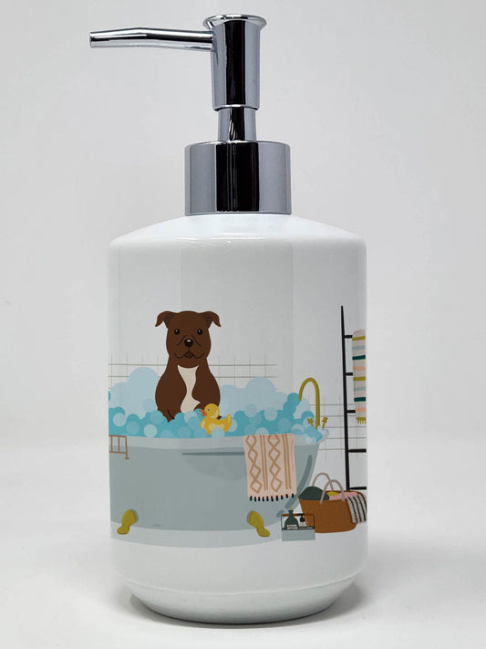 NEW Chocolate Staffordshire Bull Terrier in Bathtub Ceramic Soap Dispenser Hand Soap Dispenser Pump Bottles for Bathroom Kitchen, Empty Refillable Liquid Soap Container