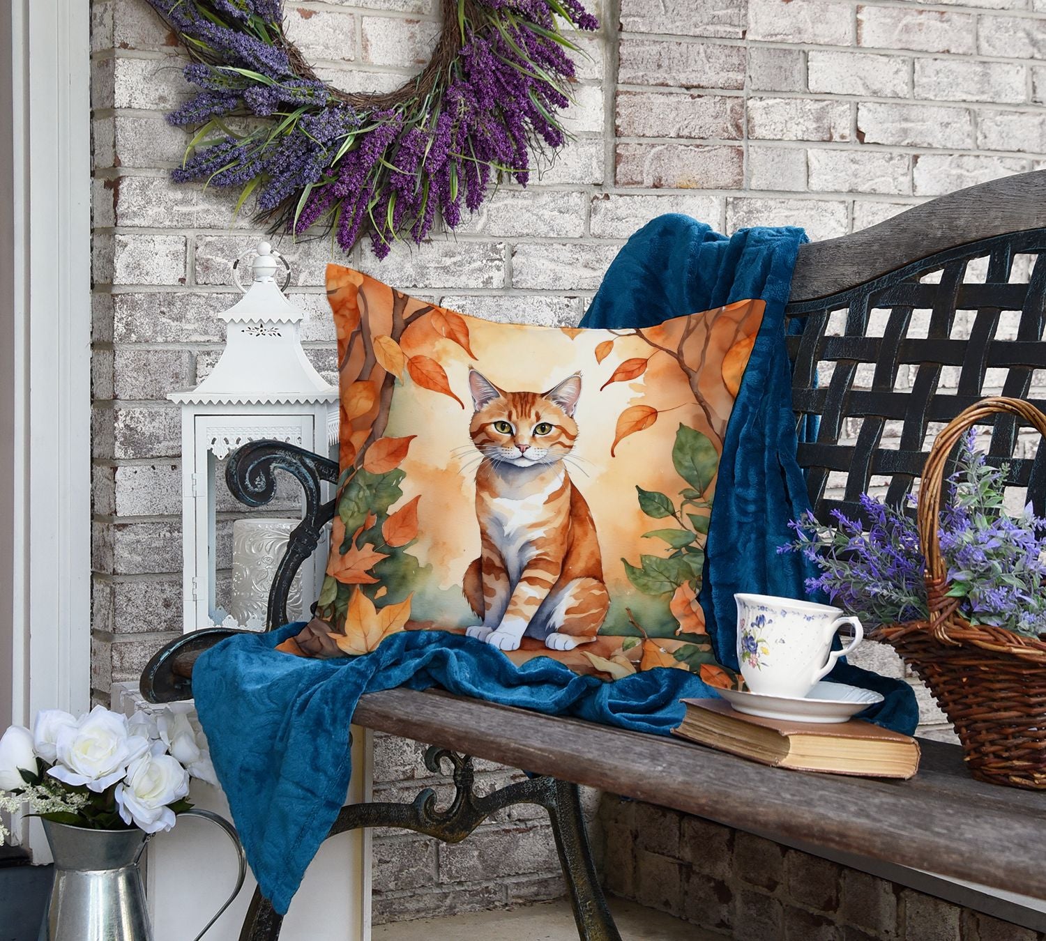 Suphalak Cat in Fall Leaves Throw Pillow Machine Washable, Indoor Outdoor Decorative Pillow for Couch, Bed or Patio, 18Hx18W