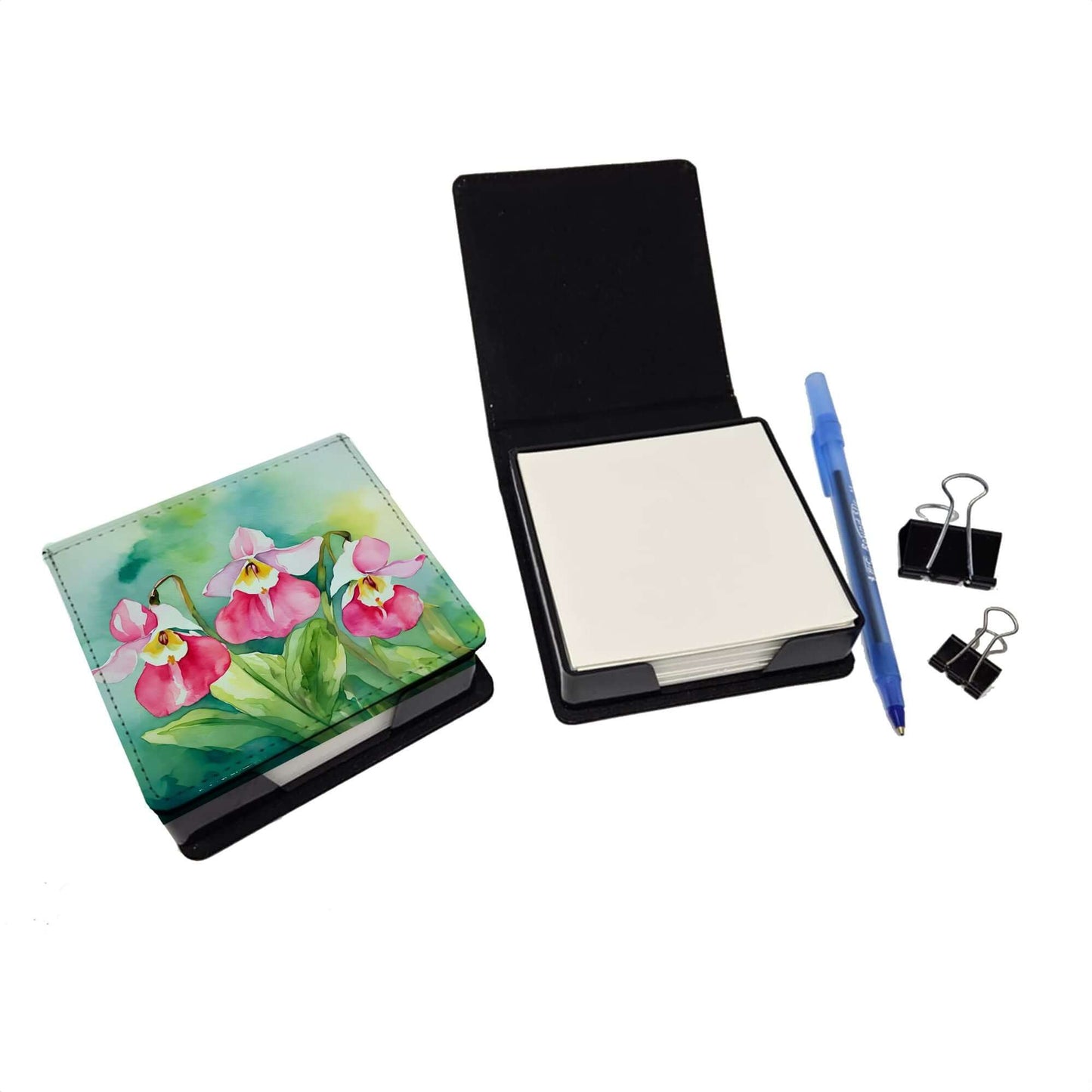 Minnesota Pink and White Lady's Slippers in Watercolor PU Leather Note Paper Holder with Artist-Designed Cover, Desk Accessory, Office Gift