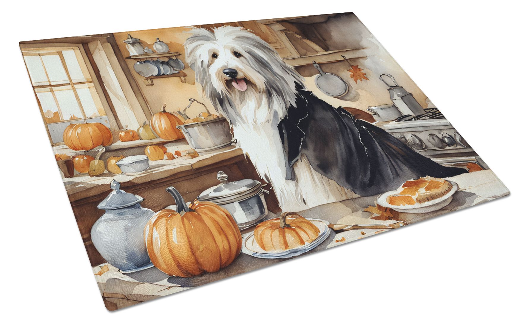 NEW Bearded Collie Fall Kitchen Pumpkins Glass Cutting Board Decorative Tempered Glass Kitchen Cutting and Serving Board Large Size Chopping Board