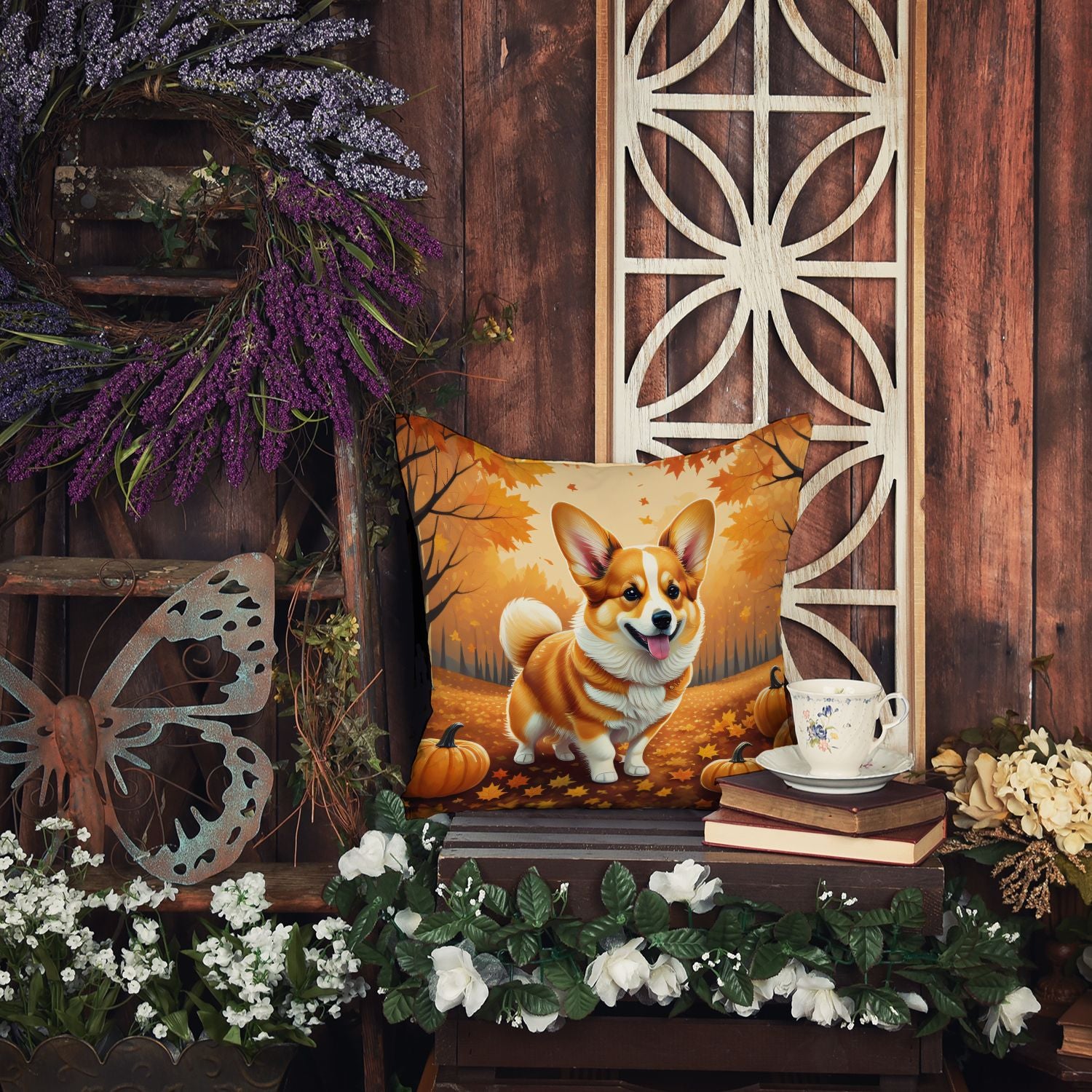 Corgi Fall Throw Pillow Machine Washable, Indoor Outdoor Decorative Pillow for Couch, Bed or Patio, 14Hx14W
