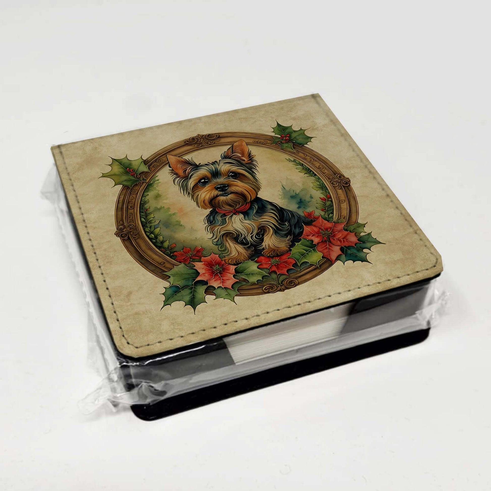 Yorkie Christmas Flowers PU Leather Note Paper Holder with Artist-Designed Cover, Desk Accessory, Office Gift