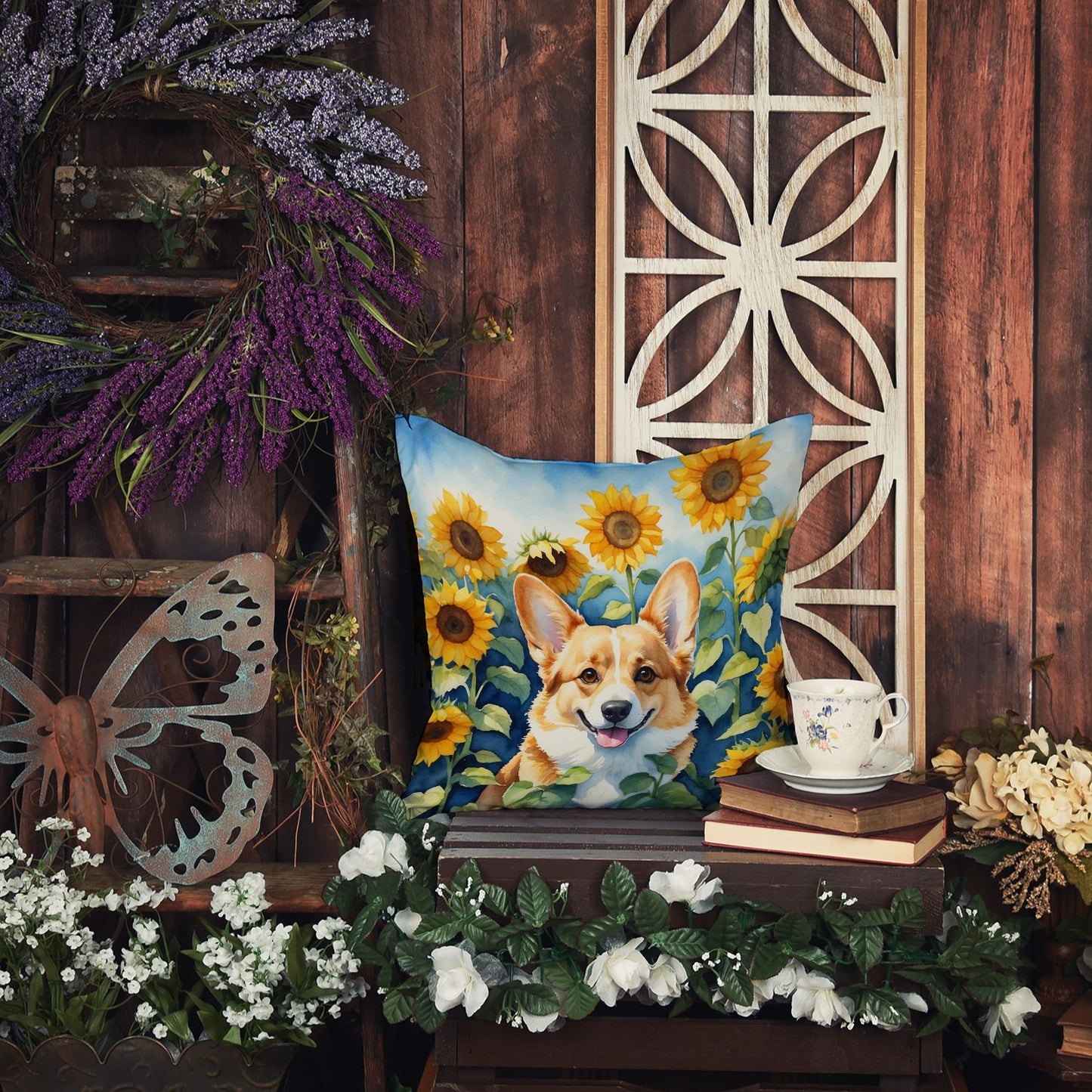 Corgi in Sunflowers Throw Pillow Machine Washable, Indoor Outdoor Decorative Pillow for Couch, Bed or Patio, 14Hx14W
