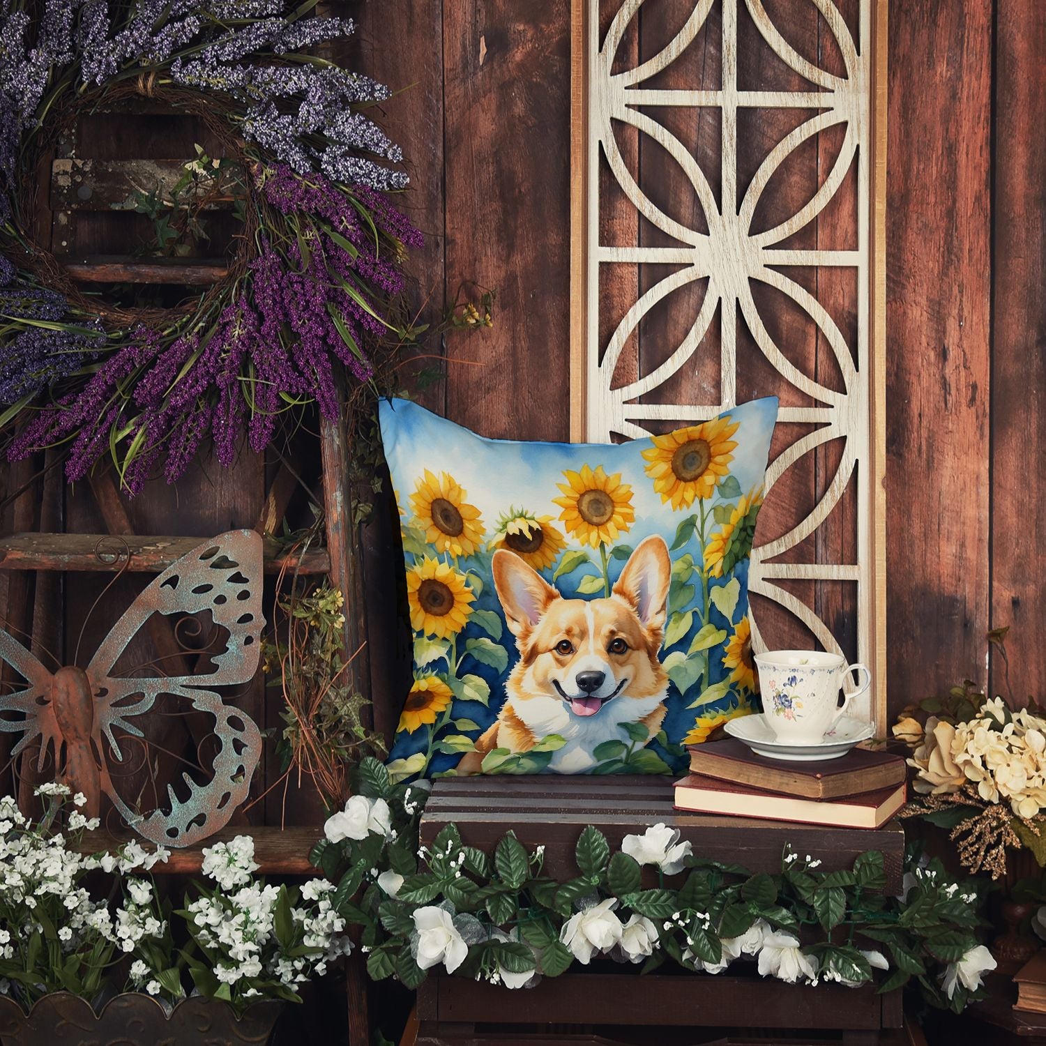 Corgi in Sunflowers Throw Pillow Machine Washable, Indoor Outdoor Decorative Pillow for Couch, Bed or Patio, 14Hx14W