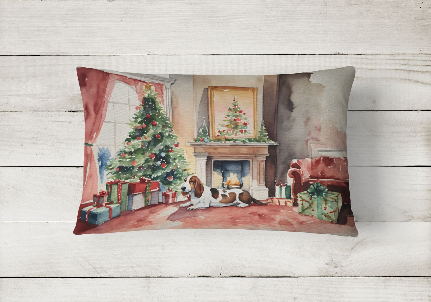 Waiting on Christmas Throw Pillow Throw Pillow for Indoor Couch Bed Outdoor Patio Washable, Basset Hound 1242,12Hx16W