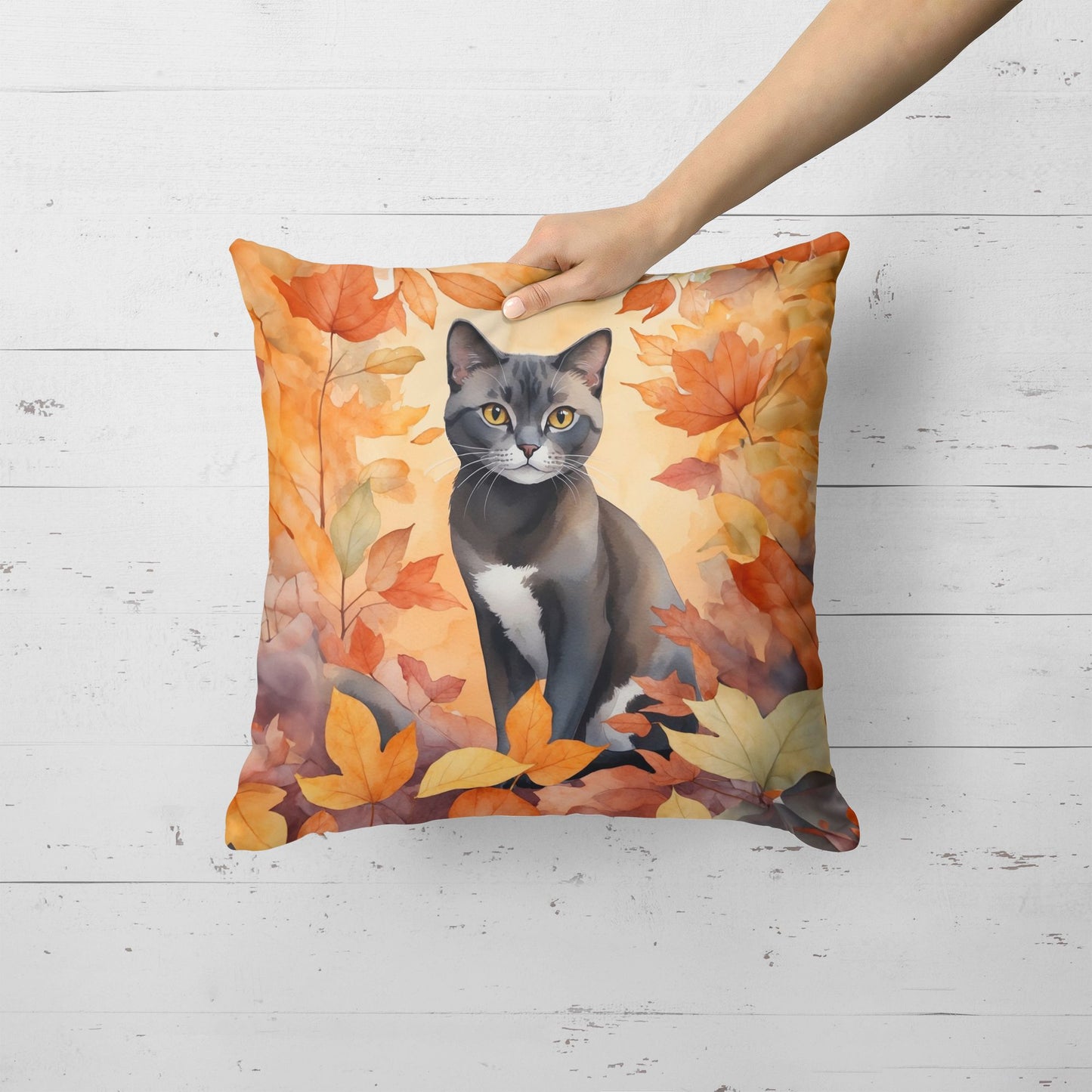 Asian Cat in Fall Leaves Throw Pillow Machine Washable, Indoor Outdoor Decorative Pillow for Couch, Bed or Patio, 18Hx18W