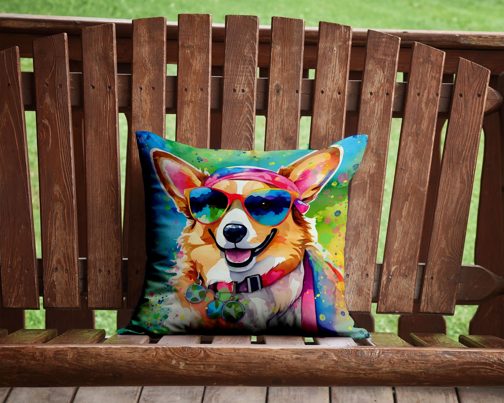 Corgi Hippie Dawg Throw Pillow Machine Washable, Indoor Outdoor Decorative Pillow for Couch, Bed or Patio, 14Hx14W