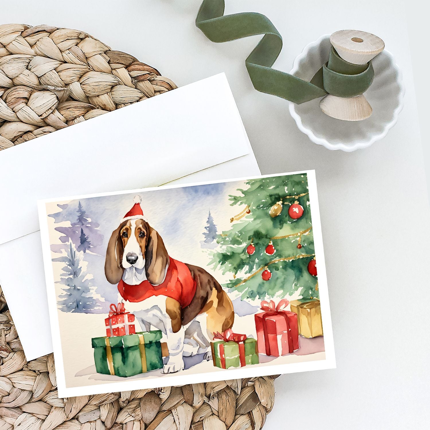 Basset Hound Christmas Greeting Cards Pack of 8 Blank Cards with Envelopes Whimsical A7 Size 5x7 Blank Note Cards
