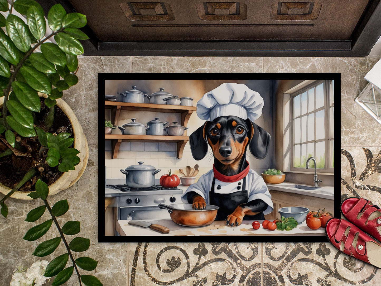 Dachshund The Chef Doormat Front Door Mat Indoor Outdoor Rugs for Entryway, Non Slip Washable Low Pile, 24H X 36W