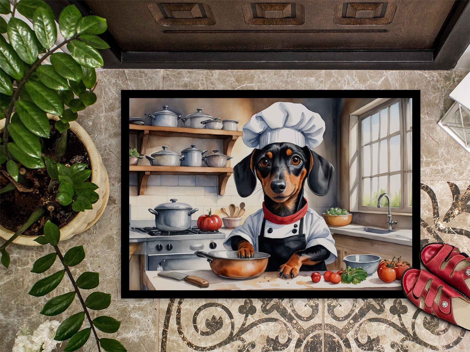 Dachshund The Chef Doormat Front Door Mat Indoor Outdoor Rugs for Entryway, Non Slip Washable Low Pile, 24H X 36W