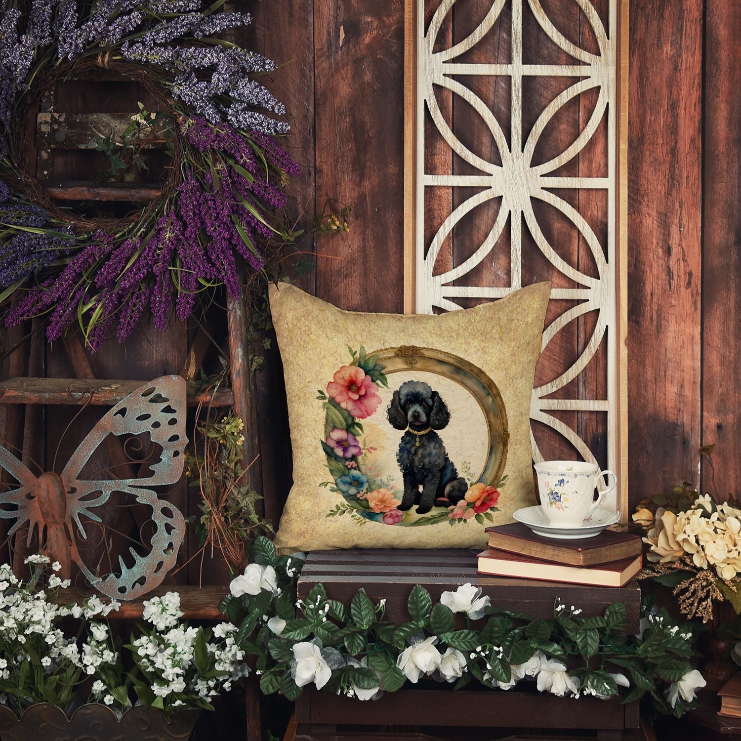 Black Poodle and Flowers Throw Pillow Machine Washable, Indoor Outdoor Decorative Pillow for Couch, Bed or Patio, 14Hx14W
