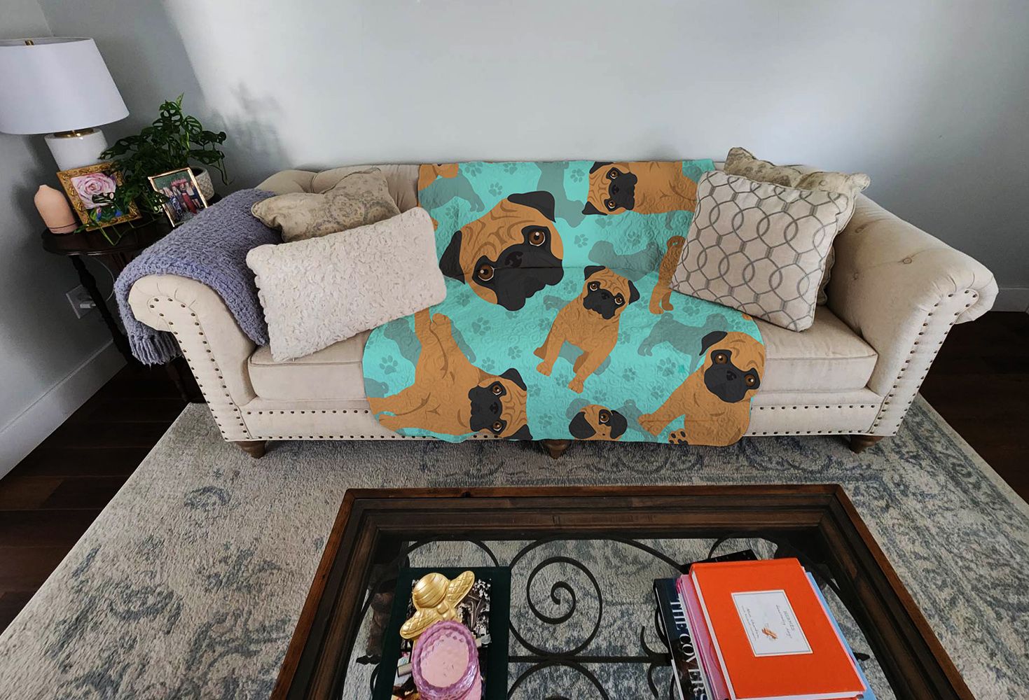 Apricot Pug Quilted Blanket 50x60 Artwork Pattern Quilted Throw Blanket for Bed, Couch, Sofa, Soft and Lightweight