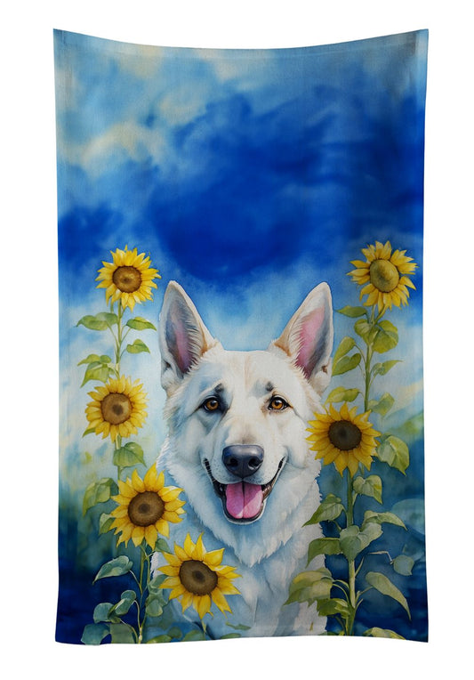 White German Shepherd in Sunflowers Kitchen Towel Dish Cloths Guest Hand Towel Decorative Bathroom Towel for Face,Tea, Dishcloth, Kitchen and Bath