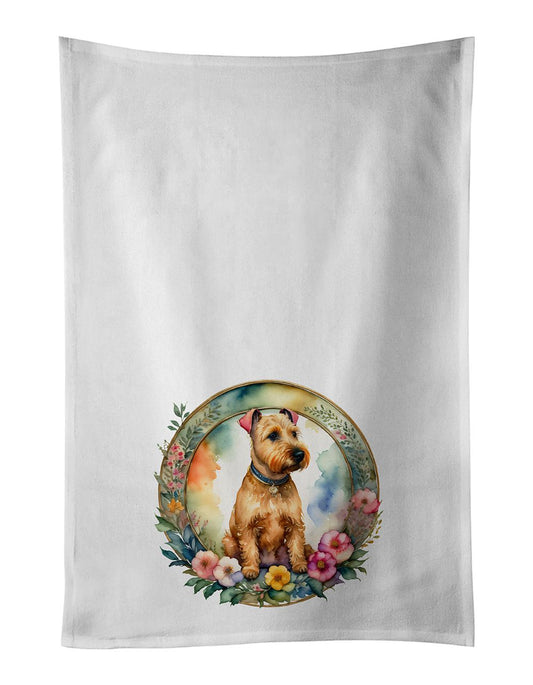 Lakeland Terrier and Flowers Kitchen Towel Set of 2 White Dish Towels Decorative Bathroom Hand towel for Hand, Face, Hair, Yoga, Tea, Dishcloth, 19 X 28", White