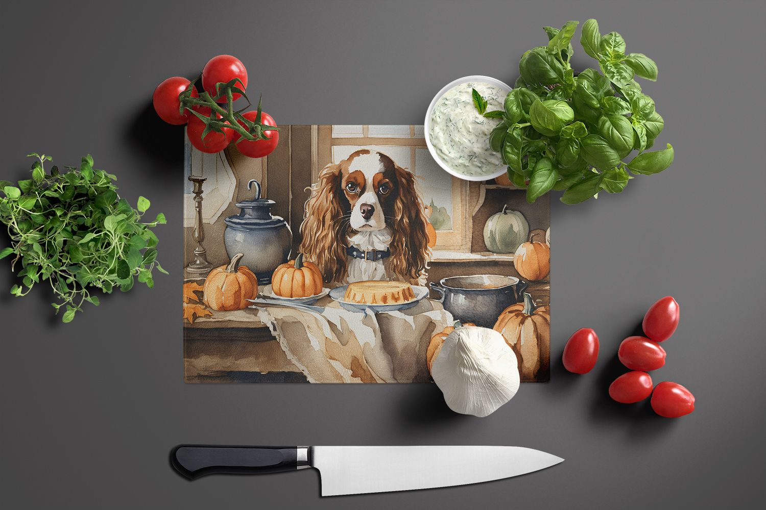 NEW Cavalier Spaniel Fall Kitchen Pumpkins Glass Cutting Board Decorative Tempered Glass Kitchen Cutting and Serving Board Large Size Chopping Board