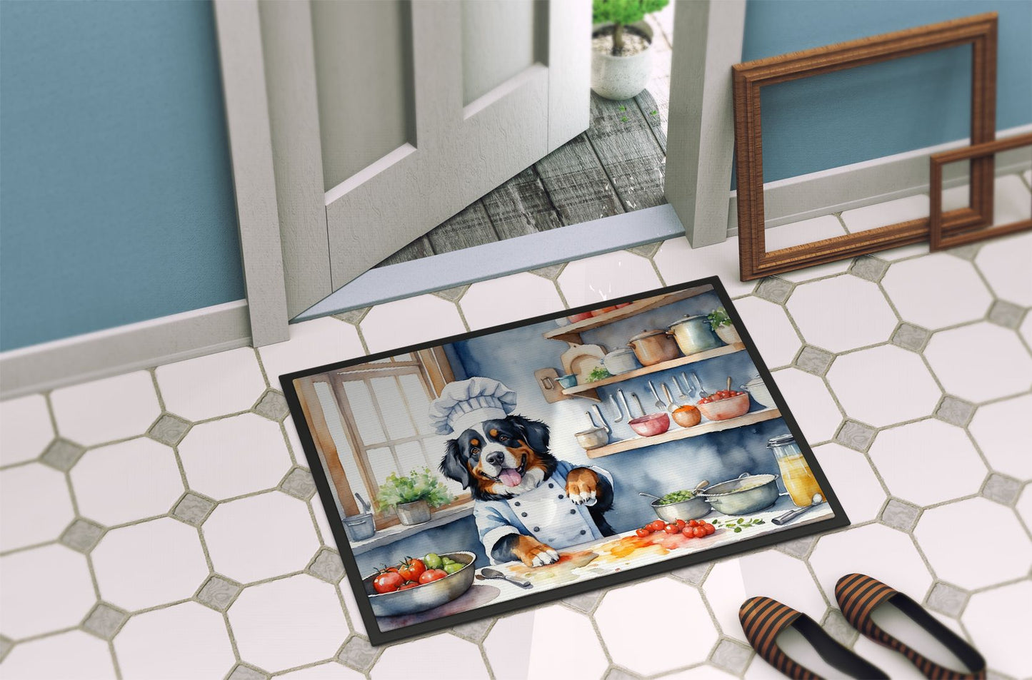 NEW Bernese Mountain Dog The Chef Doormat Front Door Mat Indoor Outdoor Rugs for Entryway, Non Slip Washable Low Pile, 18H X 27W