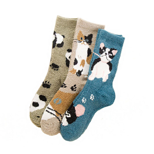 3 Pairs Cute Animal Pattern Cozy Warm Plush Slipper Socks for Womens Indoor Outdoor - Clothes For Her Online Store