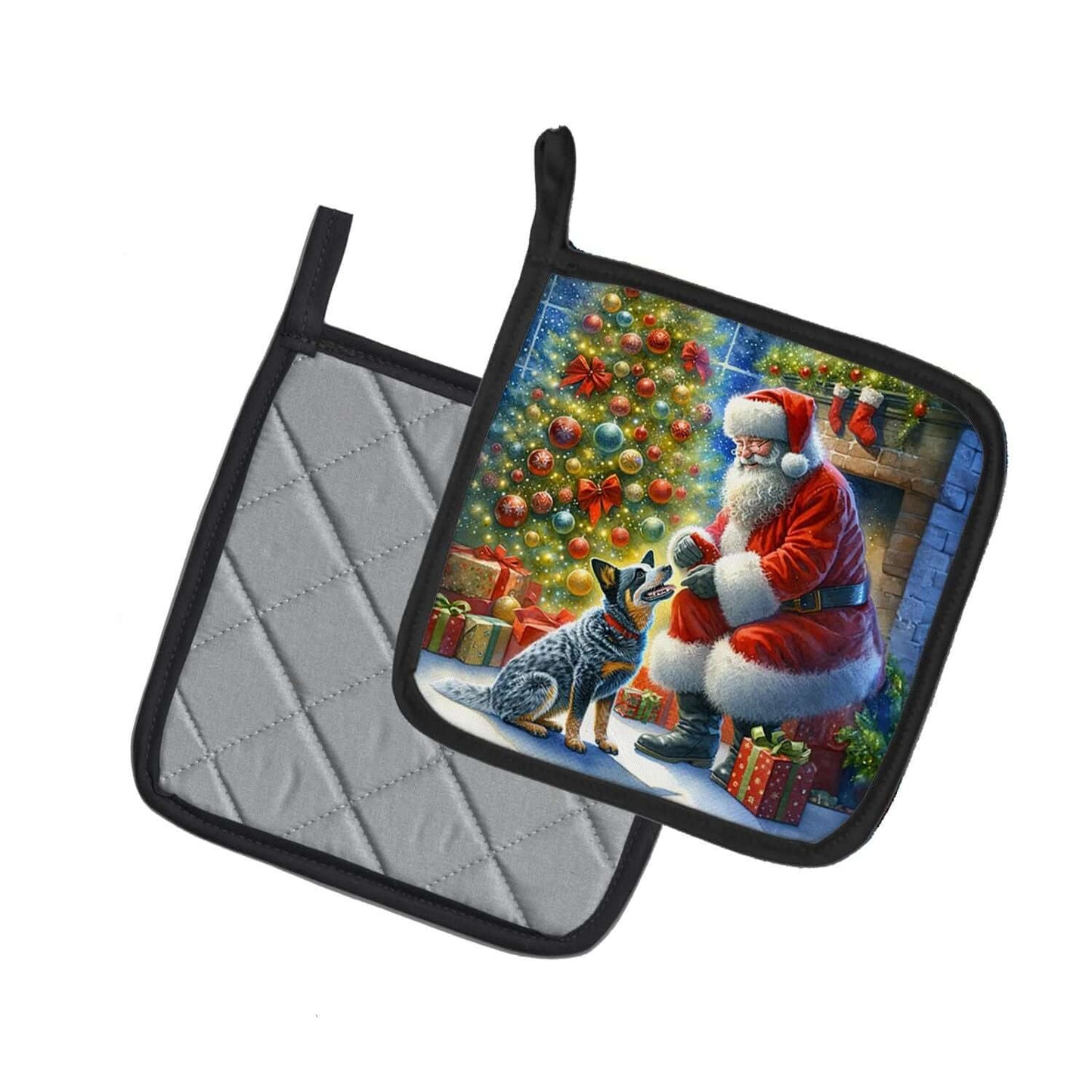 Australian Cattle Dog and Santa Claus Pair of Pot Holders Kitchen Heat Resistant Pot Holders Sets Oven Hot Pads for Cooking Baking BBQ, 7 1/2 x 7 1/2
