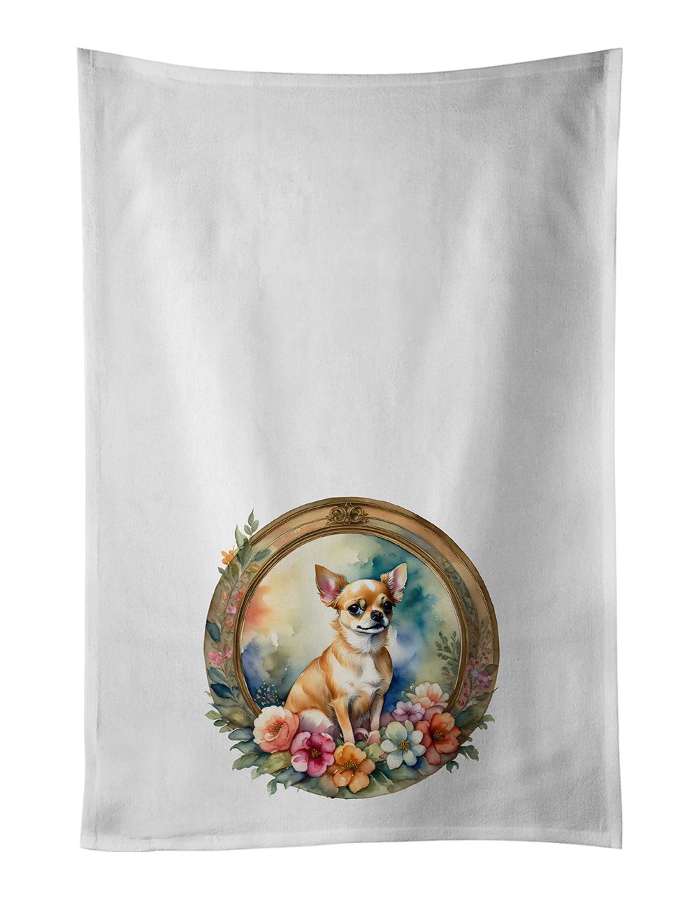 Chihuahua and Flowers Kitchen Towel Set of 2 White Dish Towels Decorative Bathroom Hand towel for Hand, Face, Hair, Yoga, Tea, Dishcloth, 19 X 28", White