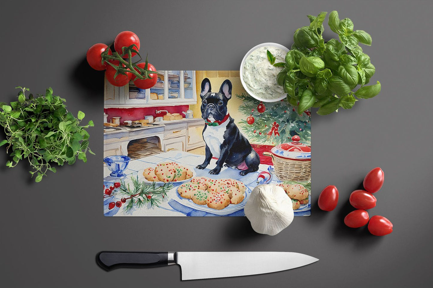 NEW French Bulldog Christmas Cookies Glass Cutting Board Decorative Tempered Glass Kitchen Cutting and Serving Board Large Size Chopping Board