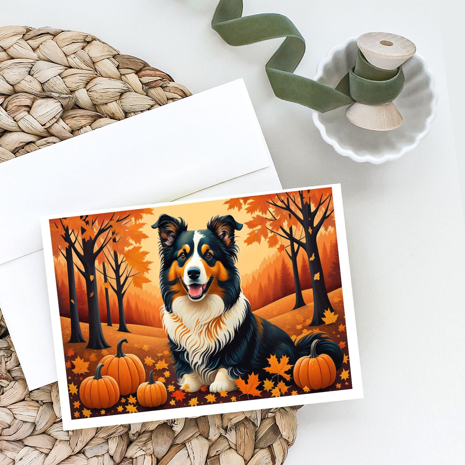 Collie Fall Greeting Cards Pack of 8 Blank Cards with Envelopes Whimsical A7 Size 5x7 Blank Note Cards