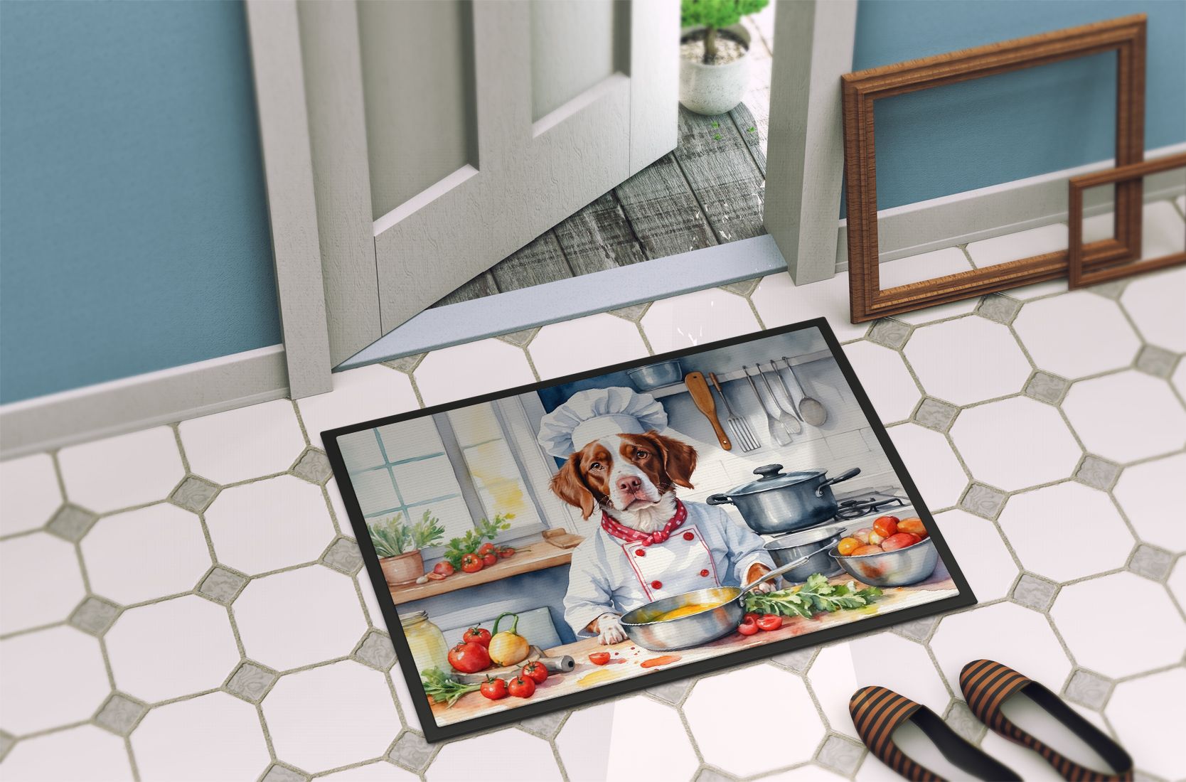 Brittany Spaniel The Chef Doormat Front Door Mat Indoor Outdoor Rugs for Entryway, Non Slip Washable Low Pile, 24H X 36W