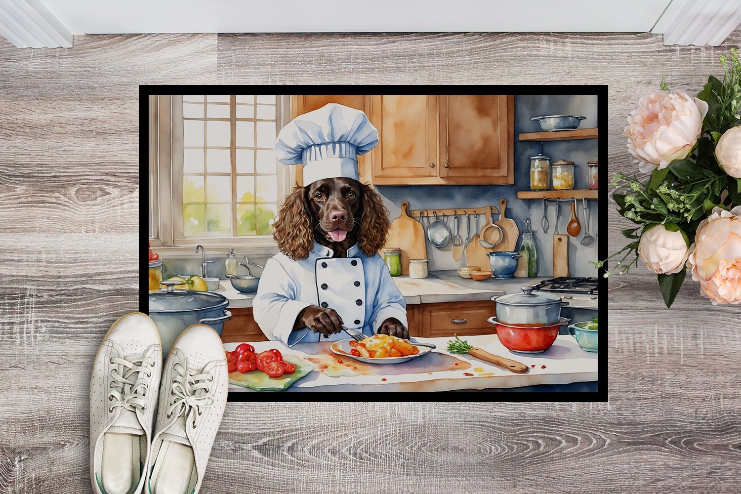 American Water Spaniel The Chef Doormat Front Door Mat Indoor Outdoor Rugs for Entryway, Non Slip Washable Low Pile, 24H X 36W