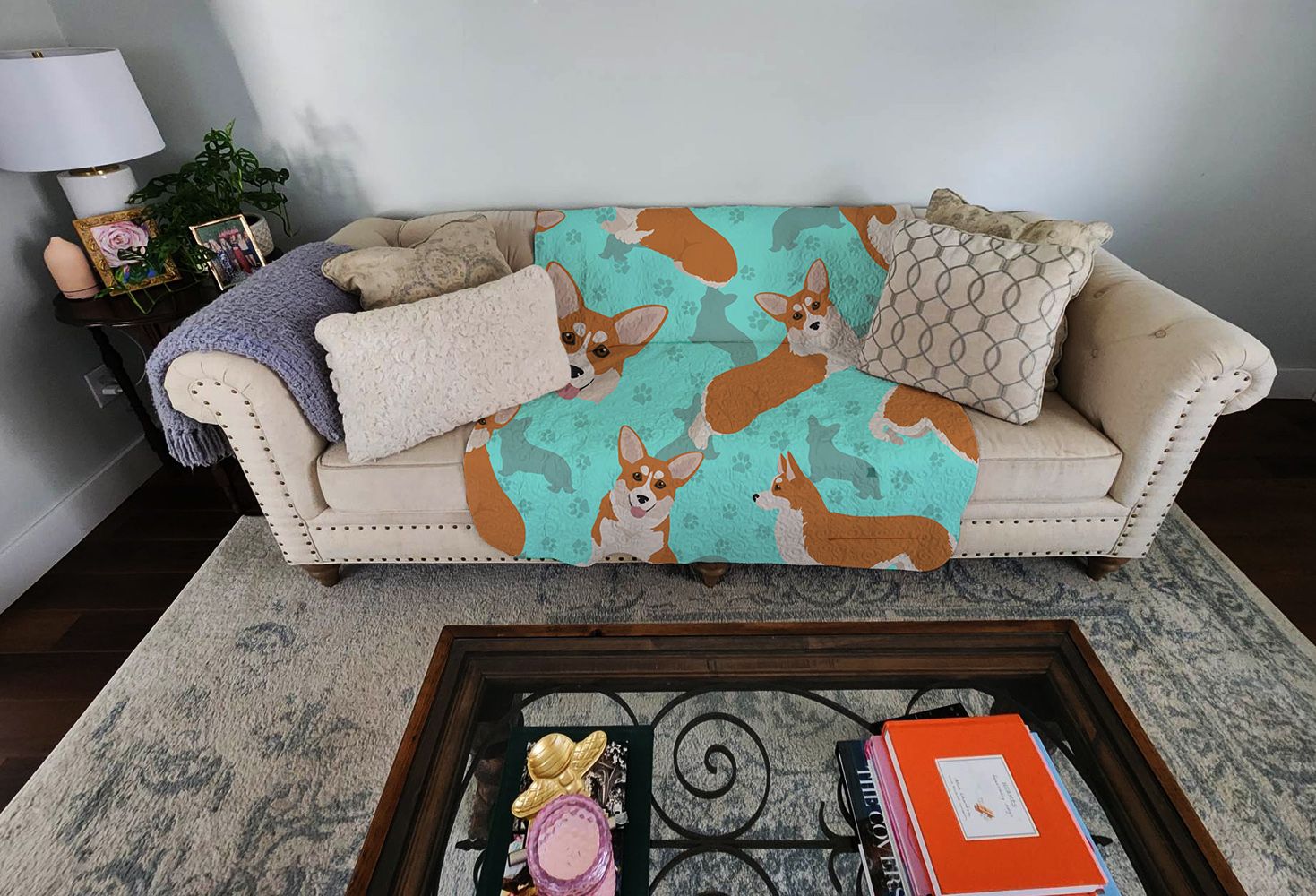 Red and White Pembroke Corgi Quilted Blanket 50x60 Artwork Pattern Quilted Throw Blanket for Bed, Couch, Sofa, Soft and Lightweight