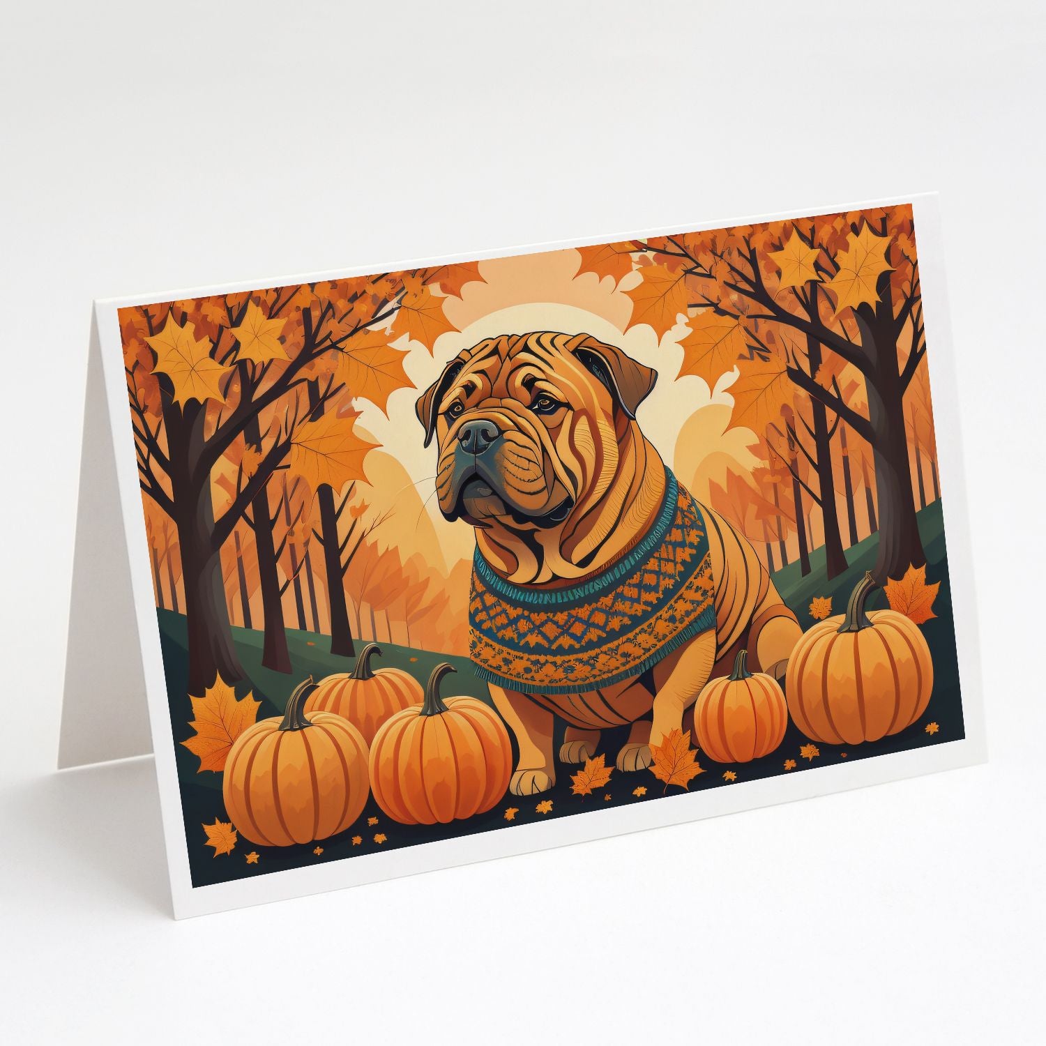 Shar Pei Fall Greeting Cards Pack of 8 Blank Cards with Envelopes Whimsical A7 Size 5x7 Blank Note Cards