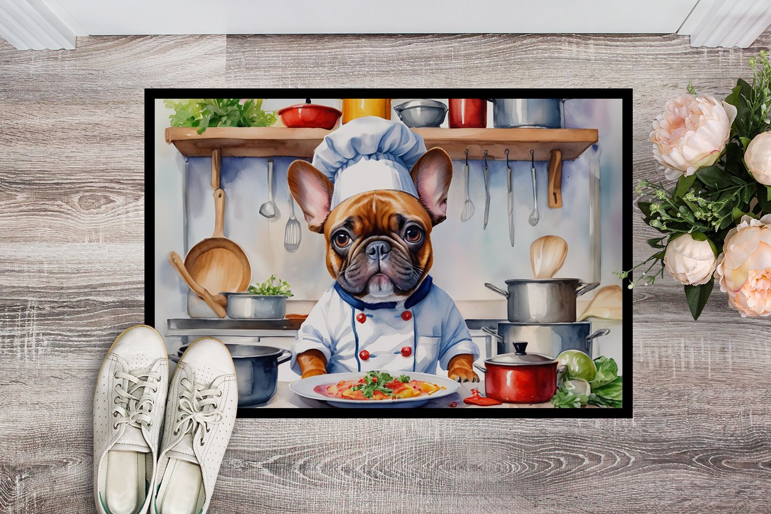 French Bulldog The Chef Doormat Front Door Mat Indoor Outdoor Rugs for Entryway, Non Slip Washable Low Pile, 24H X 36W
