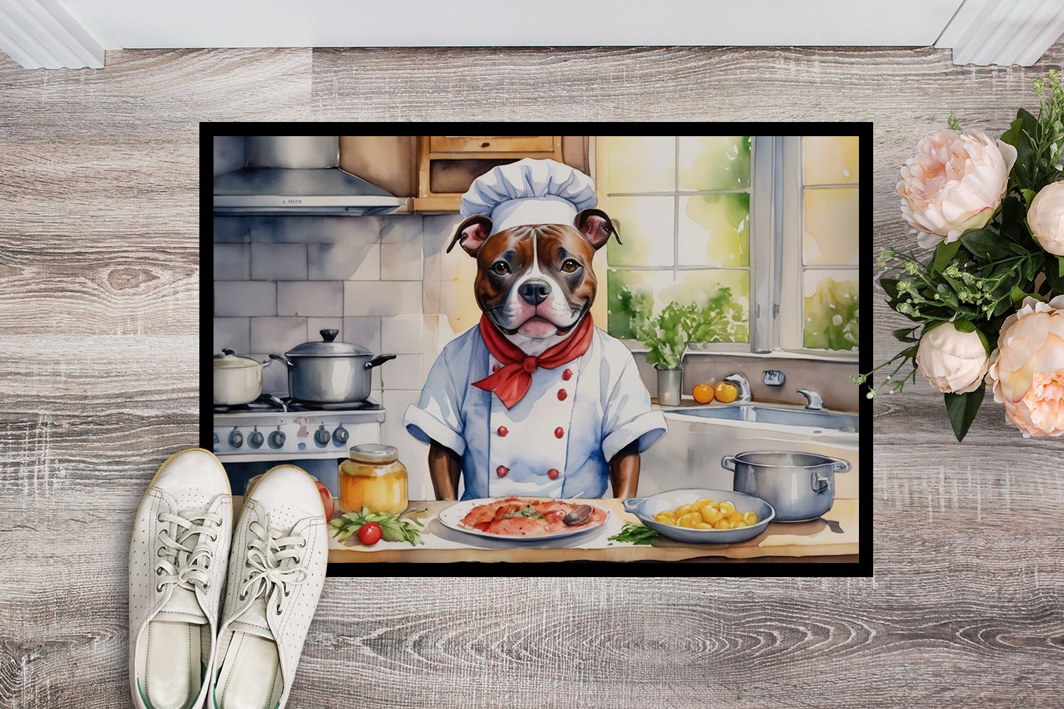 NEW Staffordshire Bull Terrier The Chef Doormat Front Door Mat Indoor Outdoor Rugs for Entryway, Non Slip Washable Low Pile, 18H X 27W