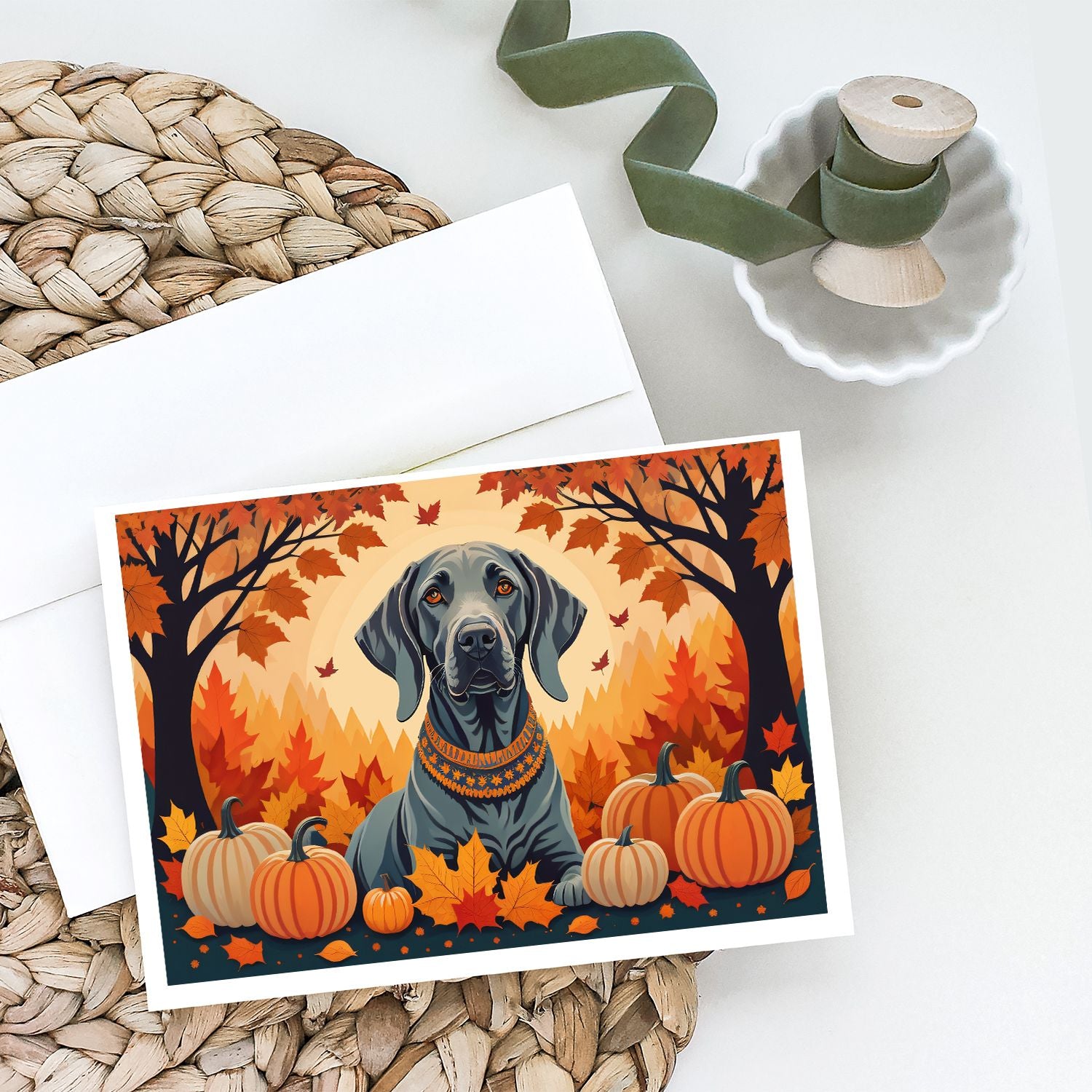 Weimaraner Fall Greeting Cards Pack of 8 Blank Cards with Envelopes Whimsical A7 Size 5x7 Blank Note Cards