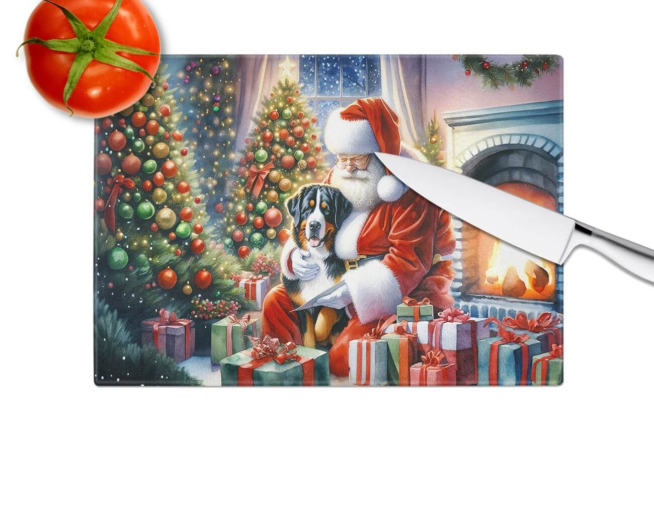 NEW Greater Swiss Mountain Dog and Santa Claus Glass Cutting Board Decorative Tempered Glass Kitchen Cutting and Serving Board Large Size Chopping Board