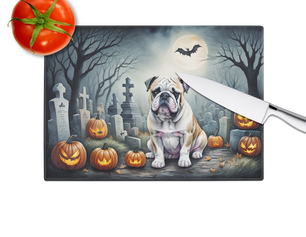 NEW English Bulldog Spooky Halloween Glass Cutting Board Decorative Tempered Glass Kitchen Cutting and Serving Board Large Size Chopping Board