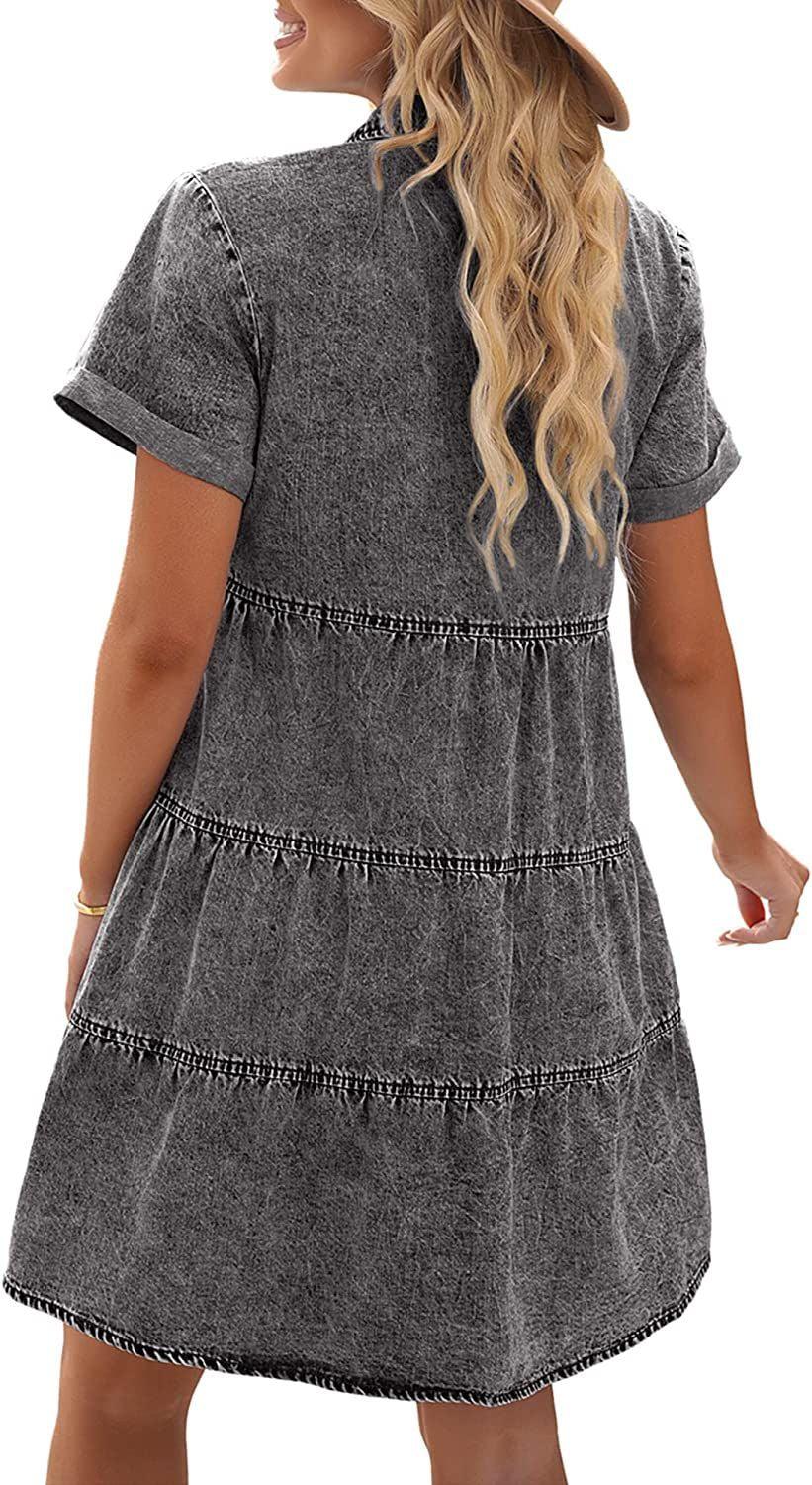 Denim Dress for Women Summer Dress Short Sleeve Button Down Tiered Babydoll Denim Jean Dress