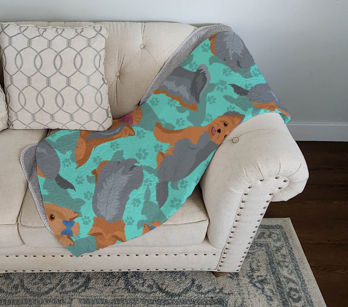 Blue and Tan Yorkie Quilted Blanket 50x60 Artwork Pattern Quilted Throw Blanket for Bed, Couch, Sofa, Soft and Lightweight