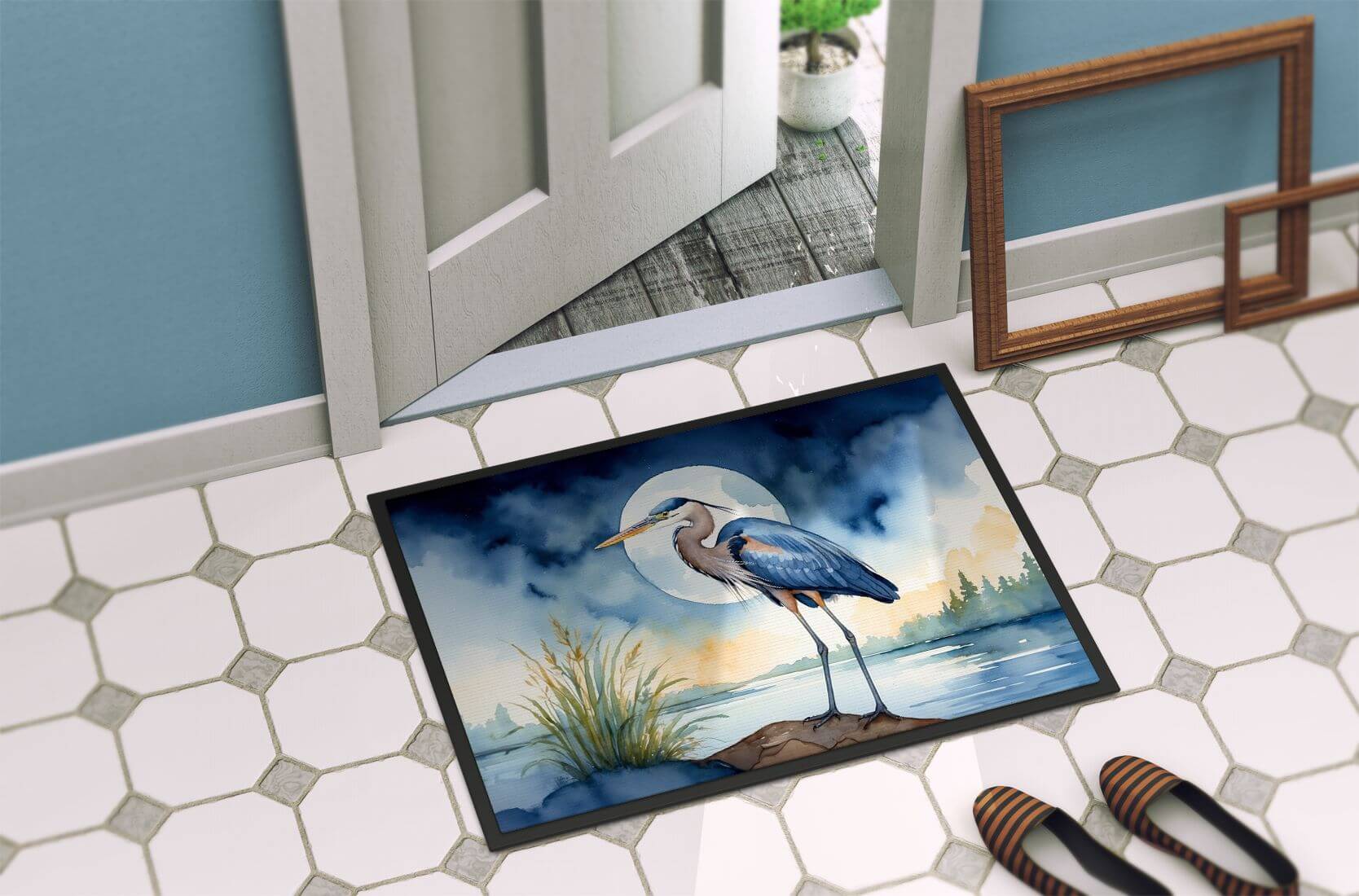 Blue Heron Under the Moonlight Doormat Front Door Mat Indoor Outdoor Rugs for Entryway, Non Slip Washable Low Pile, 24H X 36W