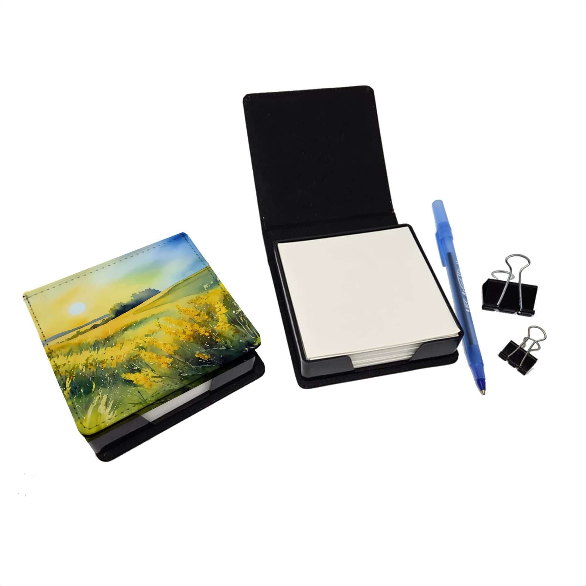Nebraska Goldenrod in Watercolor PU Leather Note Paper Holder with Artist-Designed Cover, Desk Accessory, Office Gift