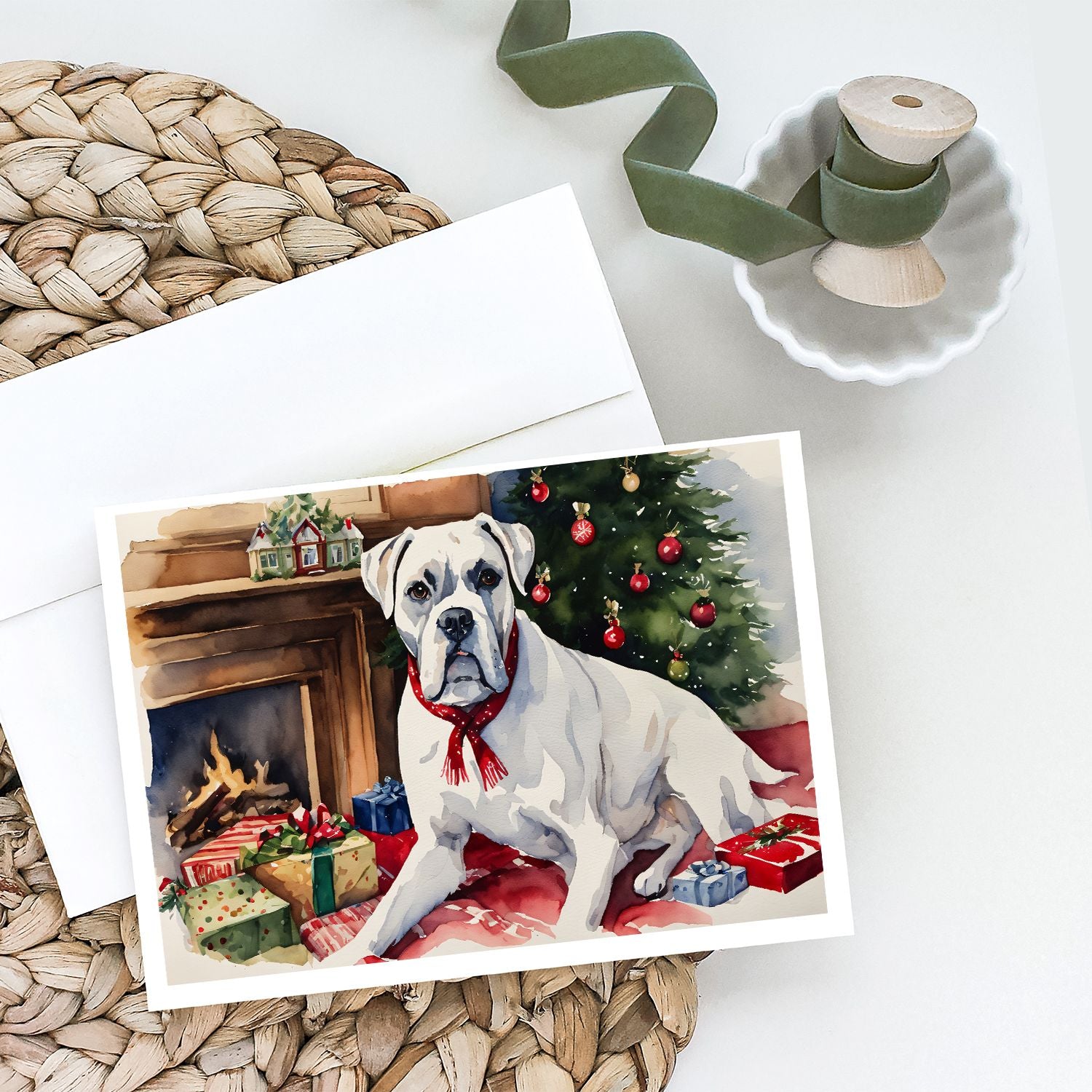 White Boxer Christmas Greeting Cards Pack of 8 Blank Cards with Envelopes Whimsical A7 Size 5x7 Blank Note Cards